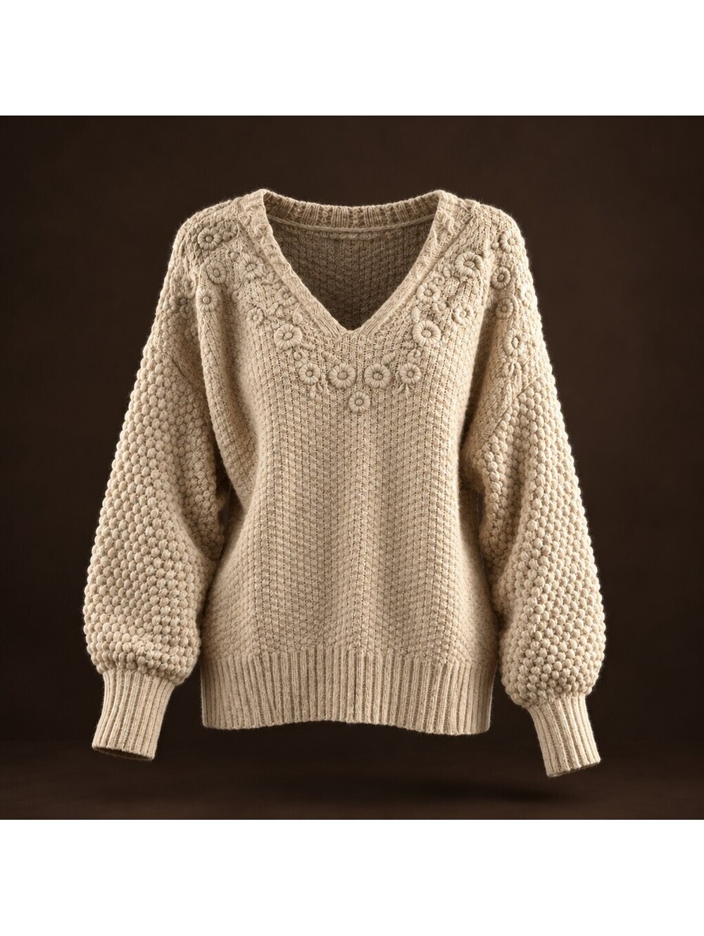 Lucky Brand Cream Boho Popcorn Waffle Knit Embroidered Notch VNeck Pullover 5113